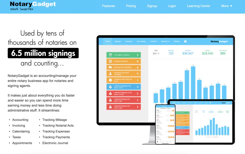 A screenshot of Notary Gadget homepage